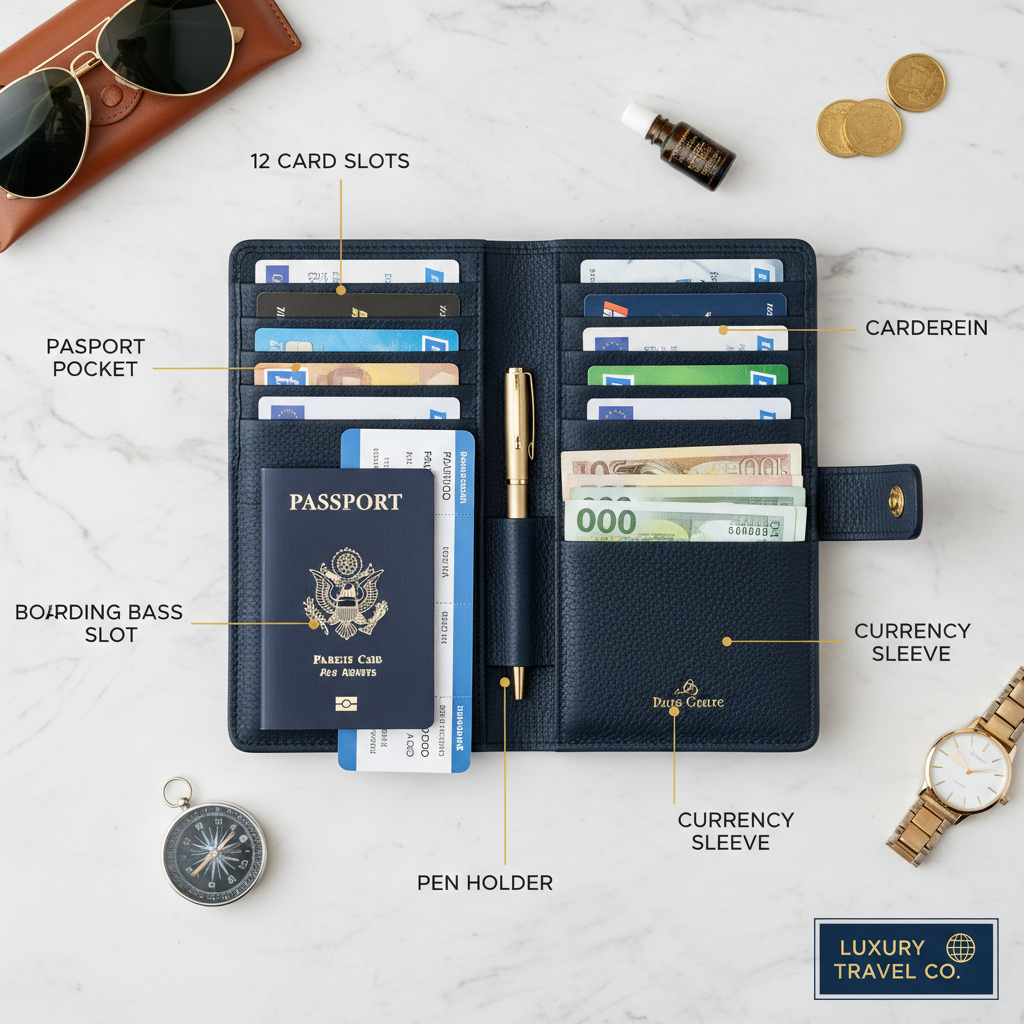 Travel Passport Wallet Organizer — Feature Flat Lay