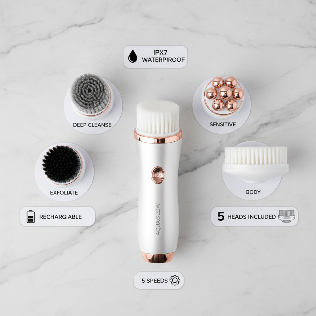 Waterproof Electric Facial Cleansing Brush — 5 Heads Feature