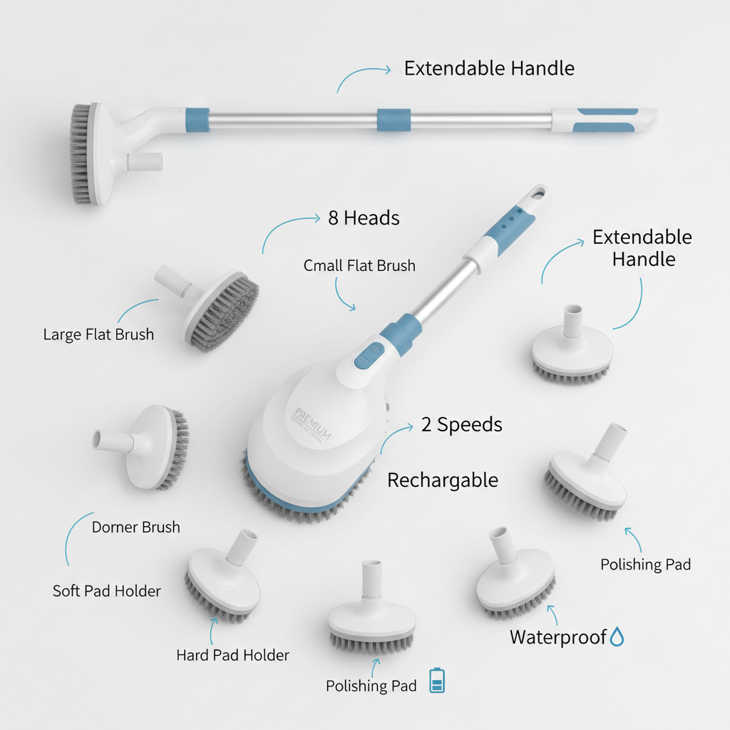 Extendable Electric Spin Scrubber — 8 Heads Feature Flat Lay