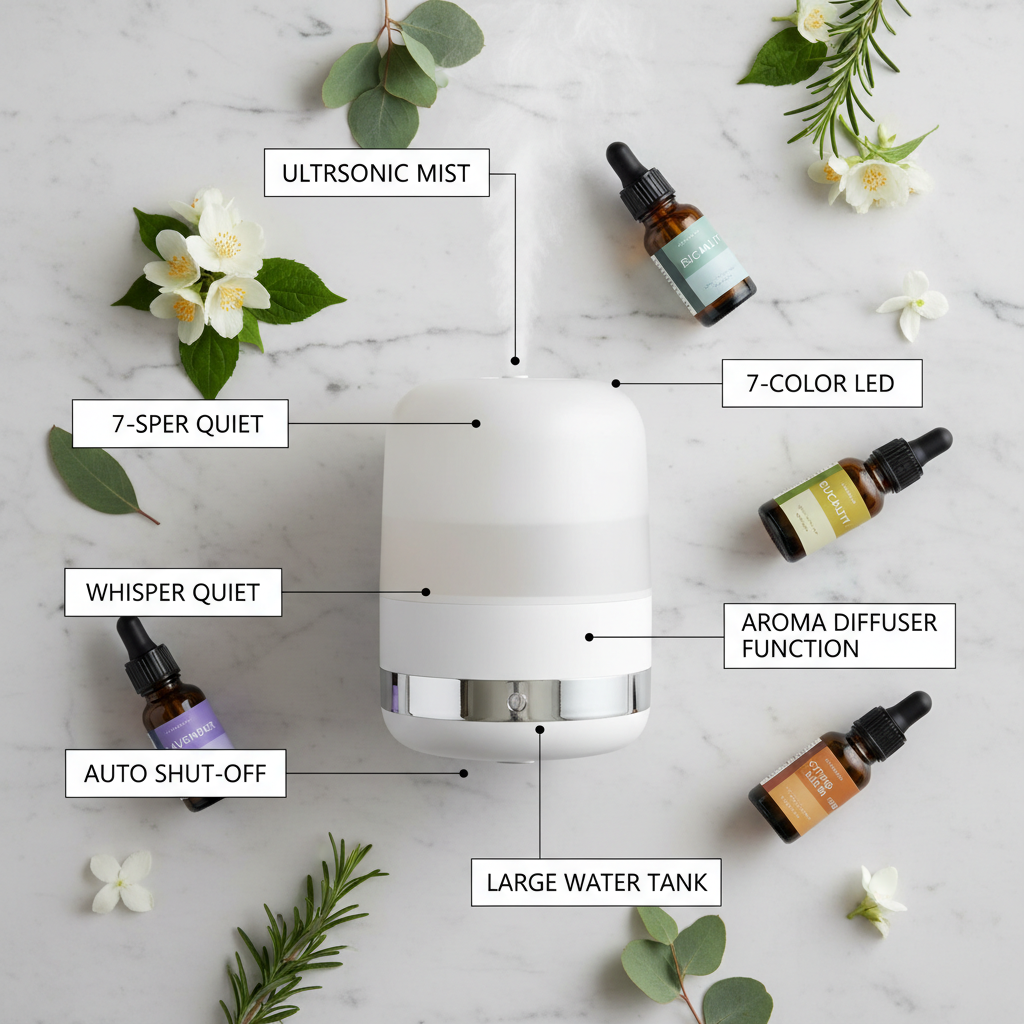 Ultrasonic Humidifier & Diffuser — Feature Flat Lay