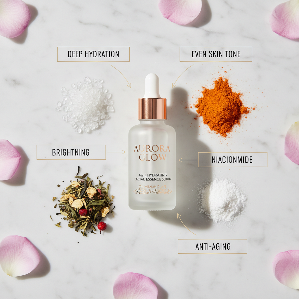 4-in-1 Hydrating Facial Essence — Ingredients Feature Flat Lay