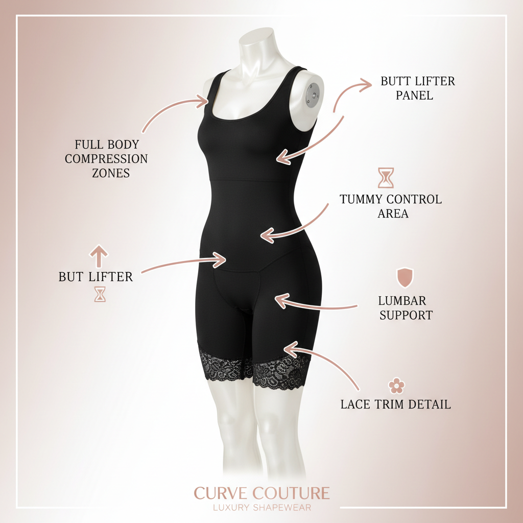 Fajas Colombianas Full Body Shaper — Feature Zones Infographic
