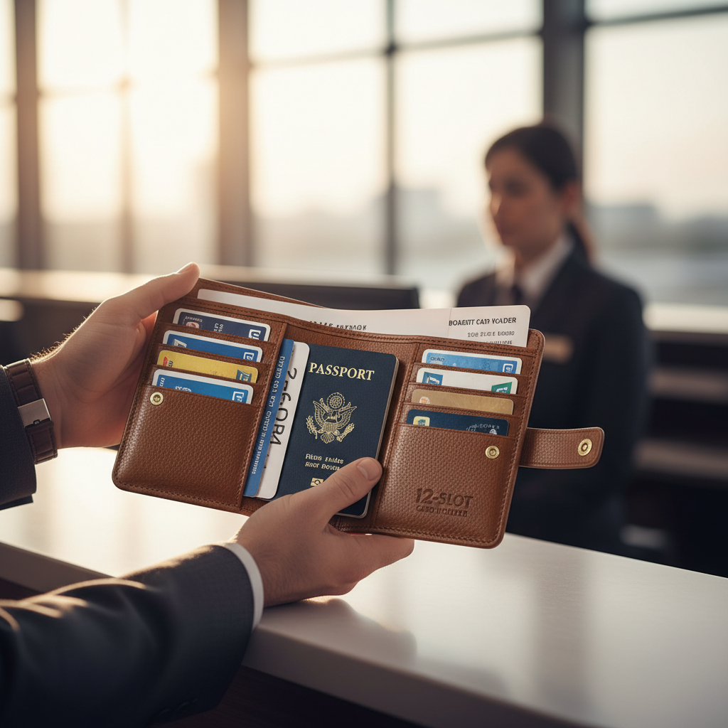 Travel Passport Wallet Organizer — Airport Lifestyle Shot