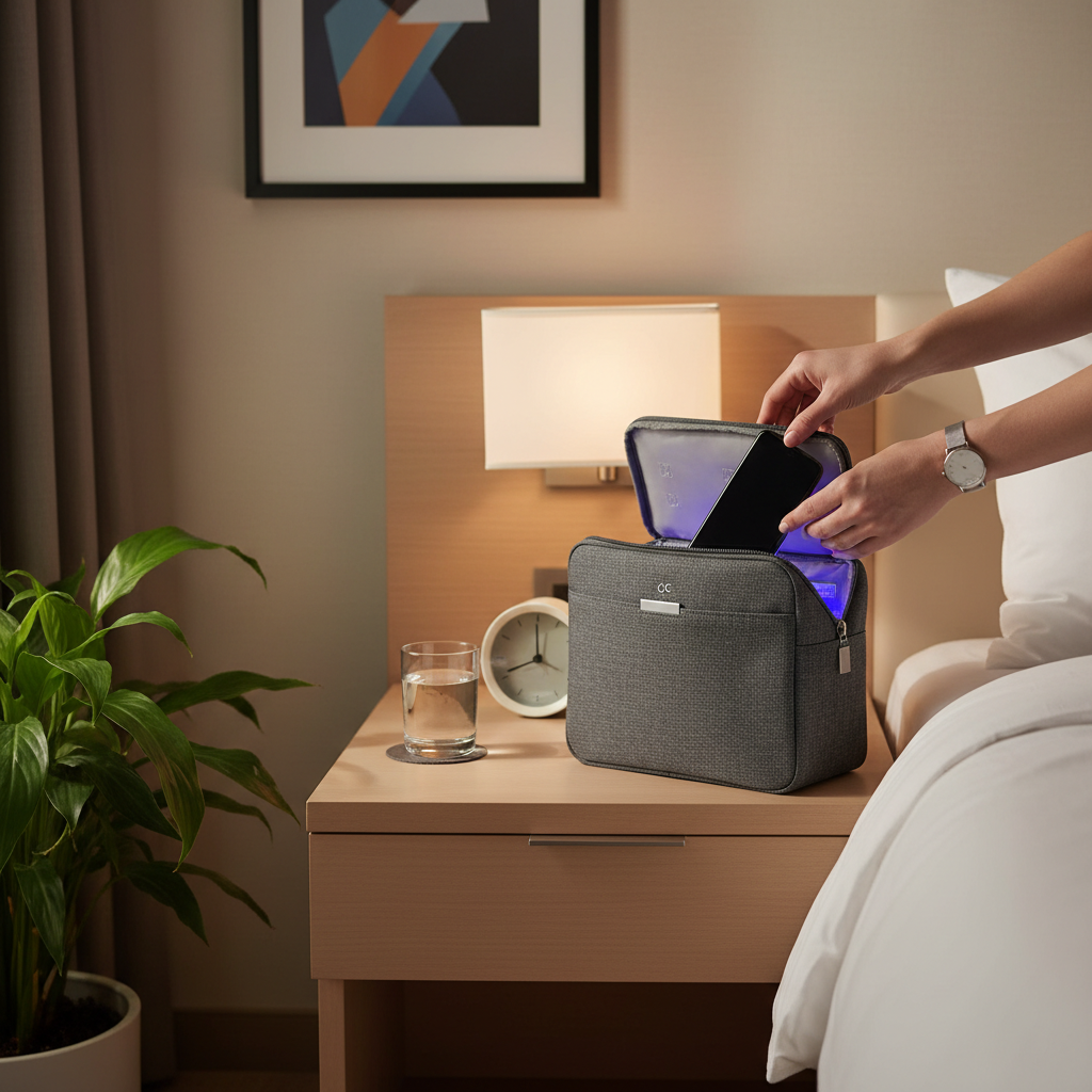 Portable UV-C Sanitizer Bag — Hotel Lifestyle Shot