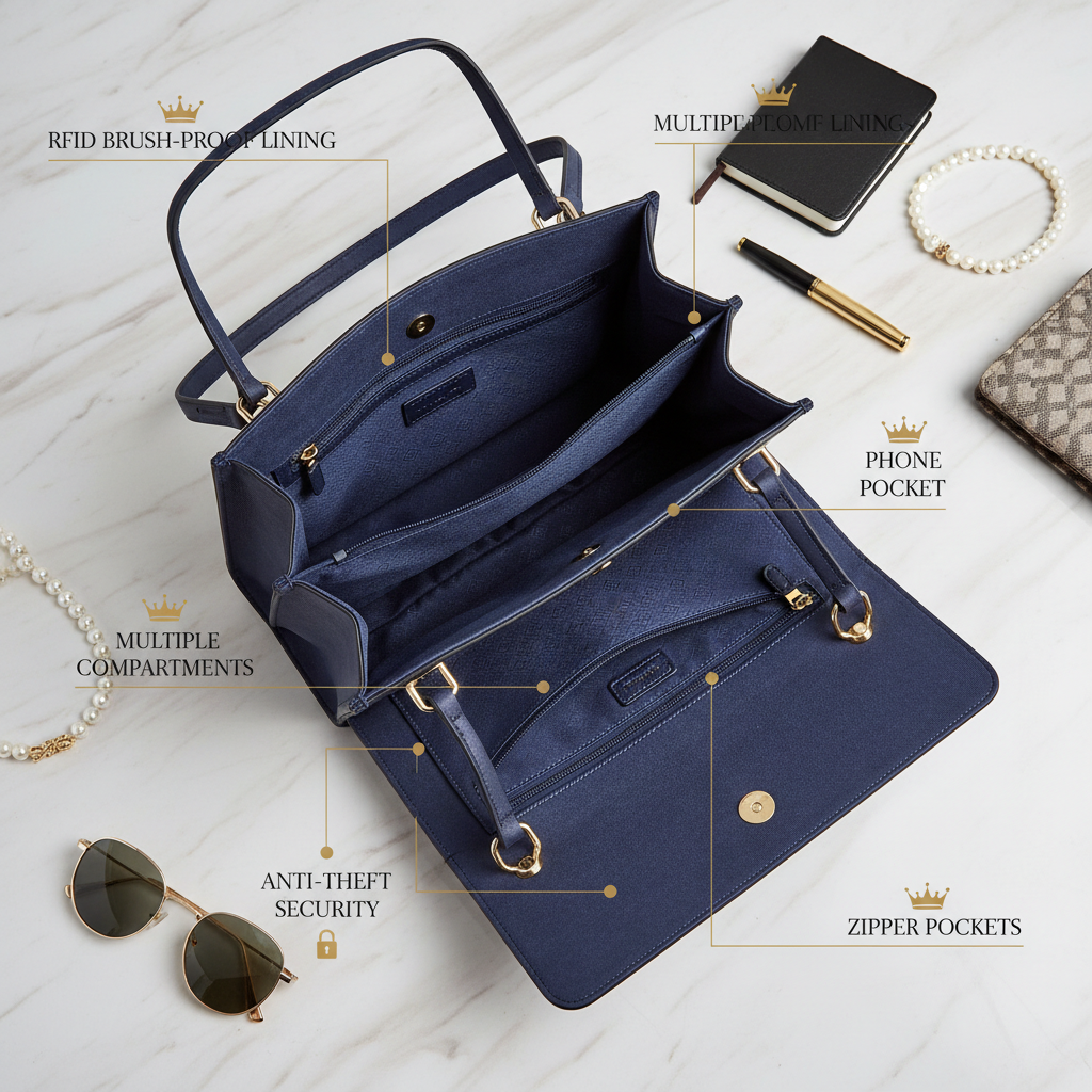 Anti-Theft Women's Handbag — Interior Feature Flat Lay