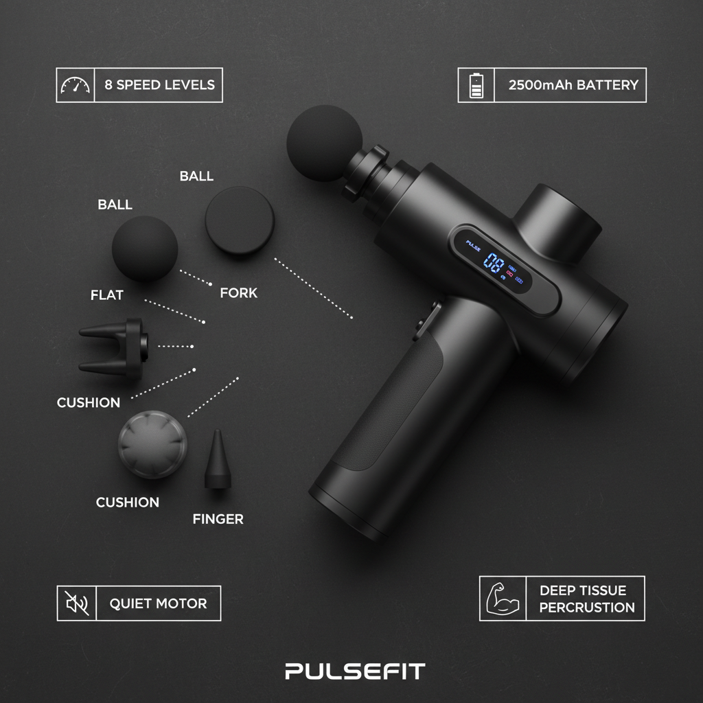 Percussion Massage Gun — 6 Heads Feature Flat Lay