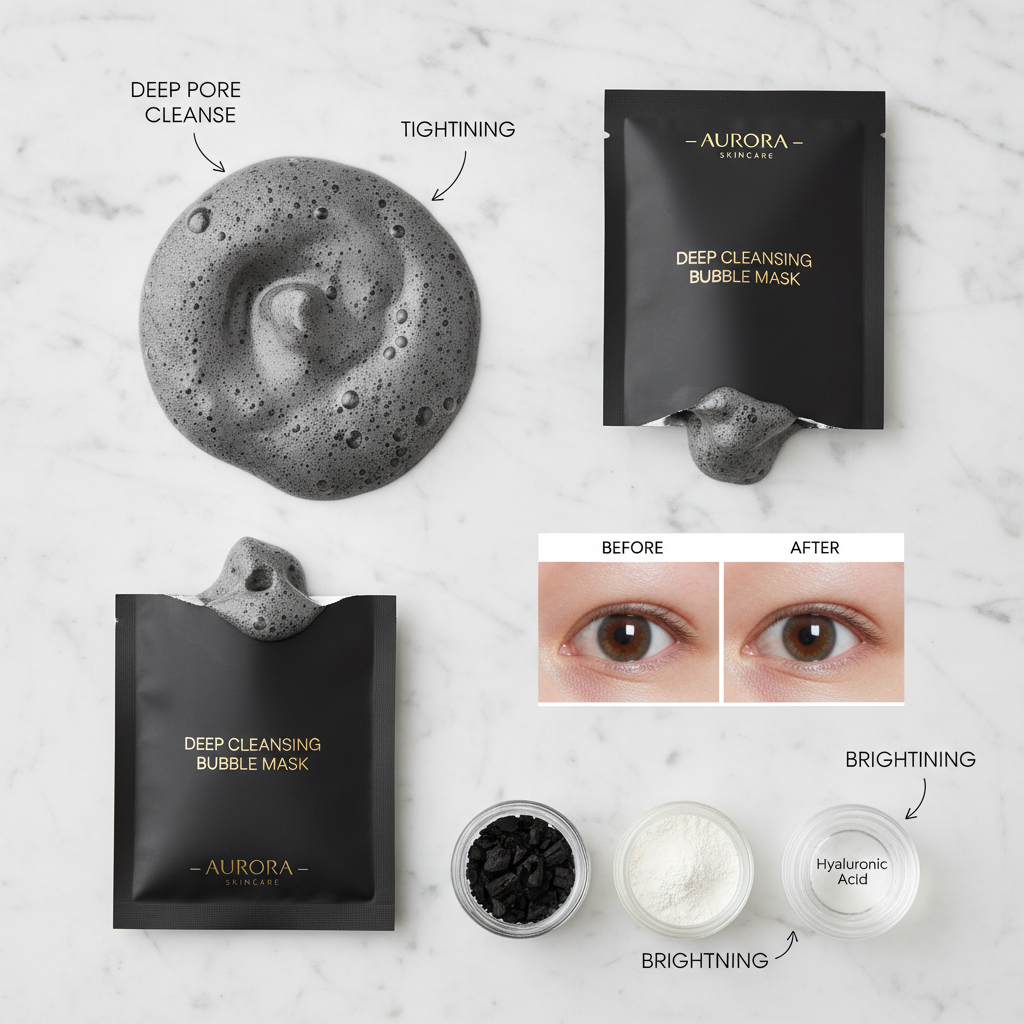 Deep Cleansing Bubble Face Mask — Ingredients Feature Flat Lay