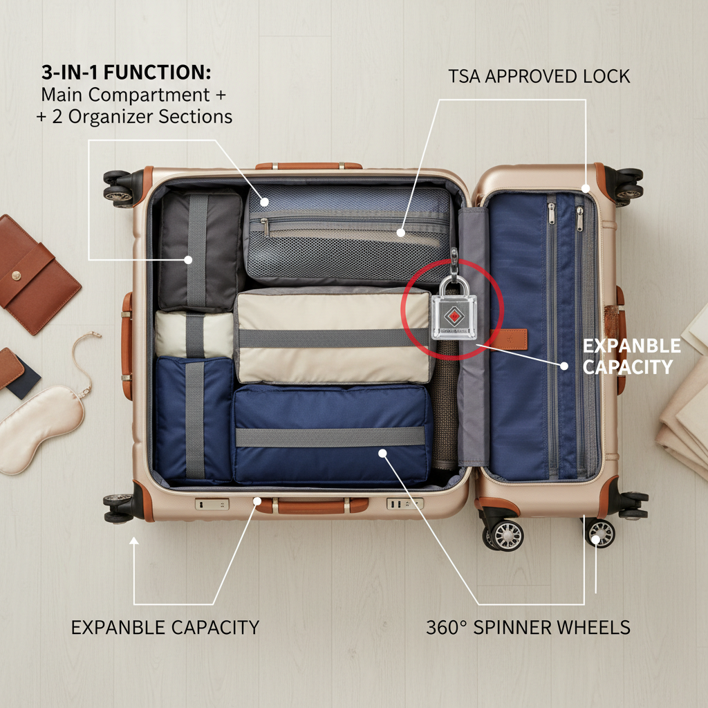 3-in-1 Travel Suitcase — Interior Feature Flat Lay