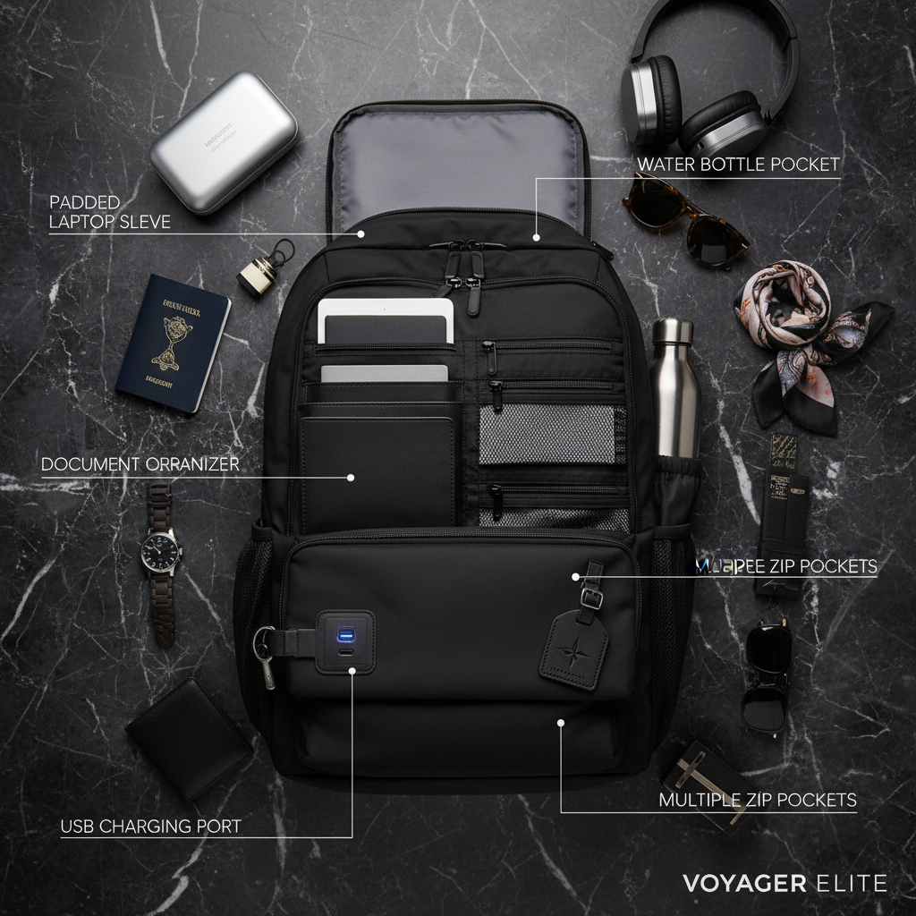 Large Capacity Travel & Business Backpack — Compartments Feature Flat Lay
