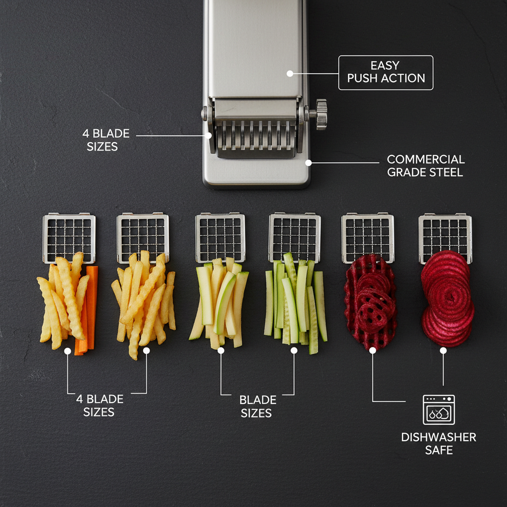 French Fry & Vegetable Cutter — 4 Blades Feature Flat Lay