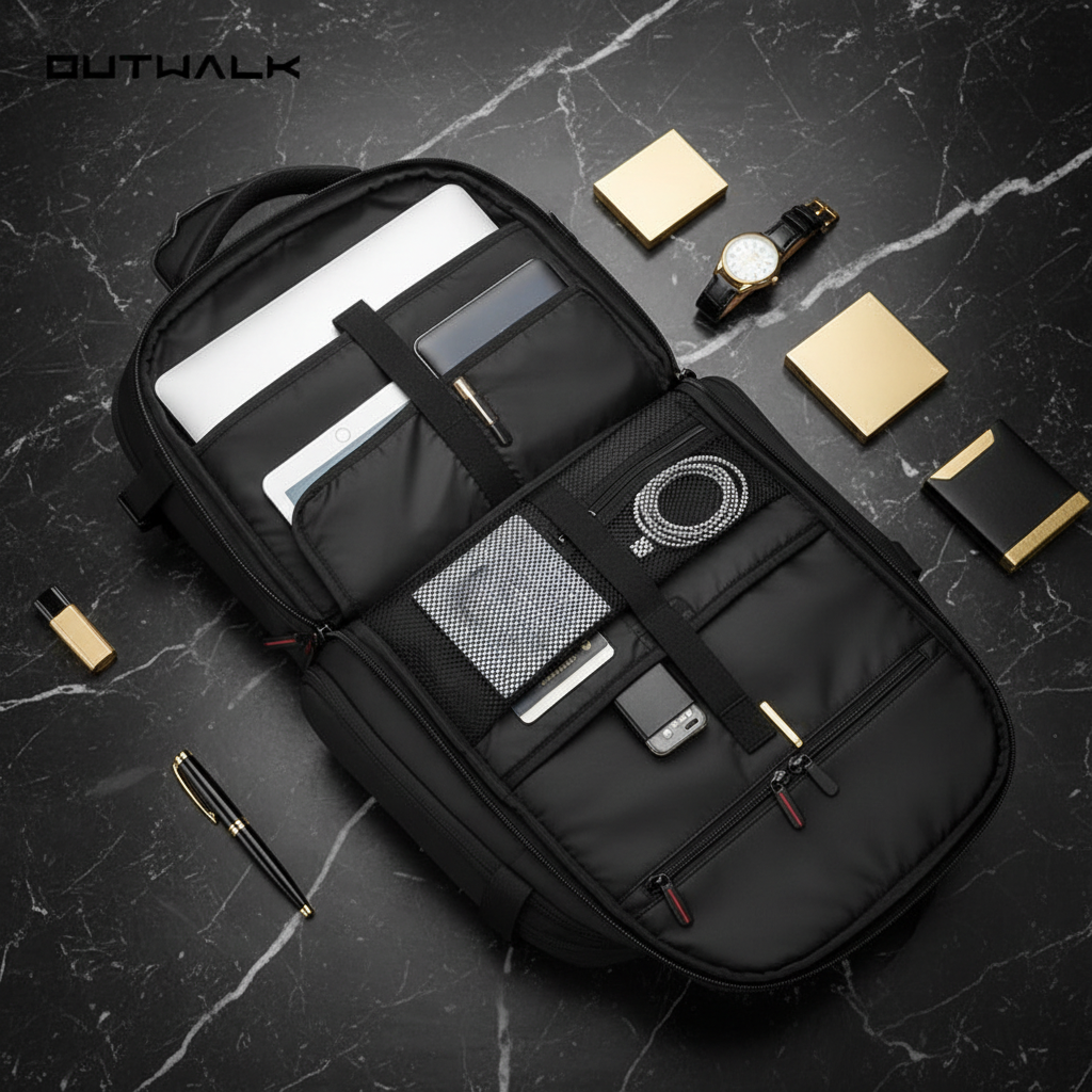 Men's Premium Business Travel Backpack — Feature Compartments Flat Lay