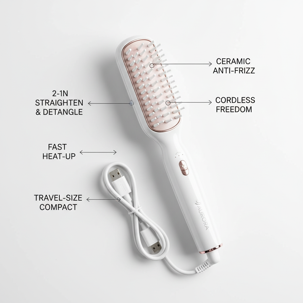 2-in-1 Cordless Hair Straightener Brush — Feature Flat Lay