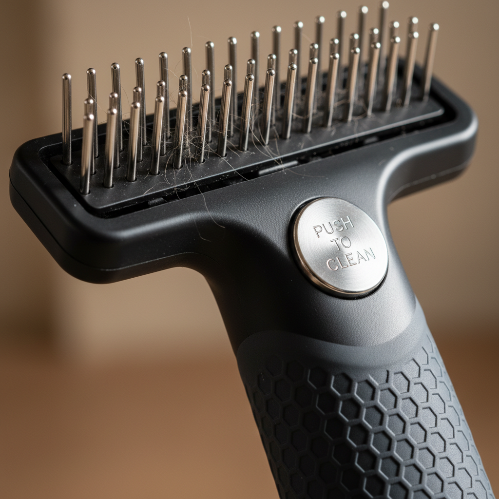Self-Cleaning Pet Grooming Comb — Pin & Handle Detail